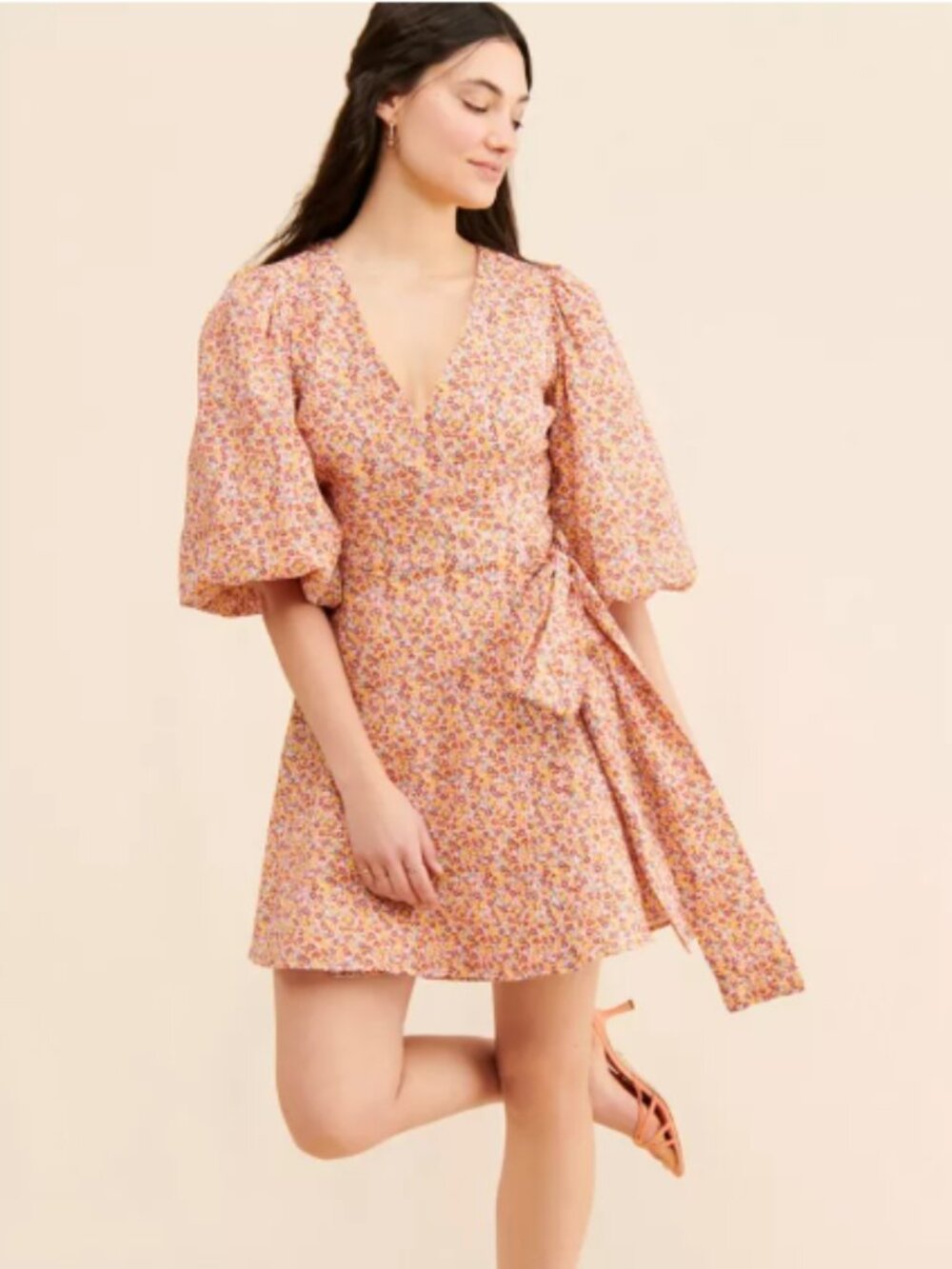 MINKPINK Floral Morwell Wrap Dress Small with Puff Sleeves